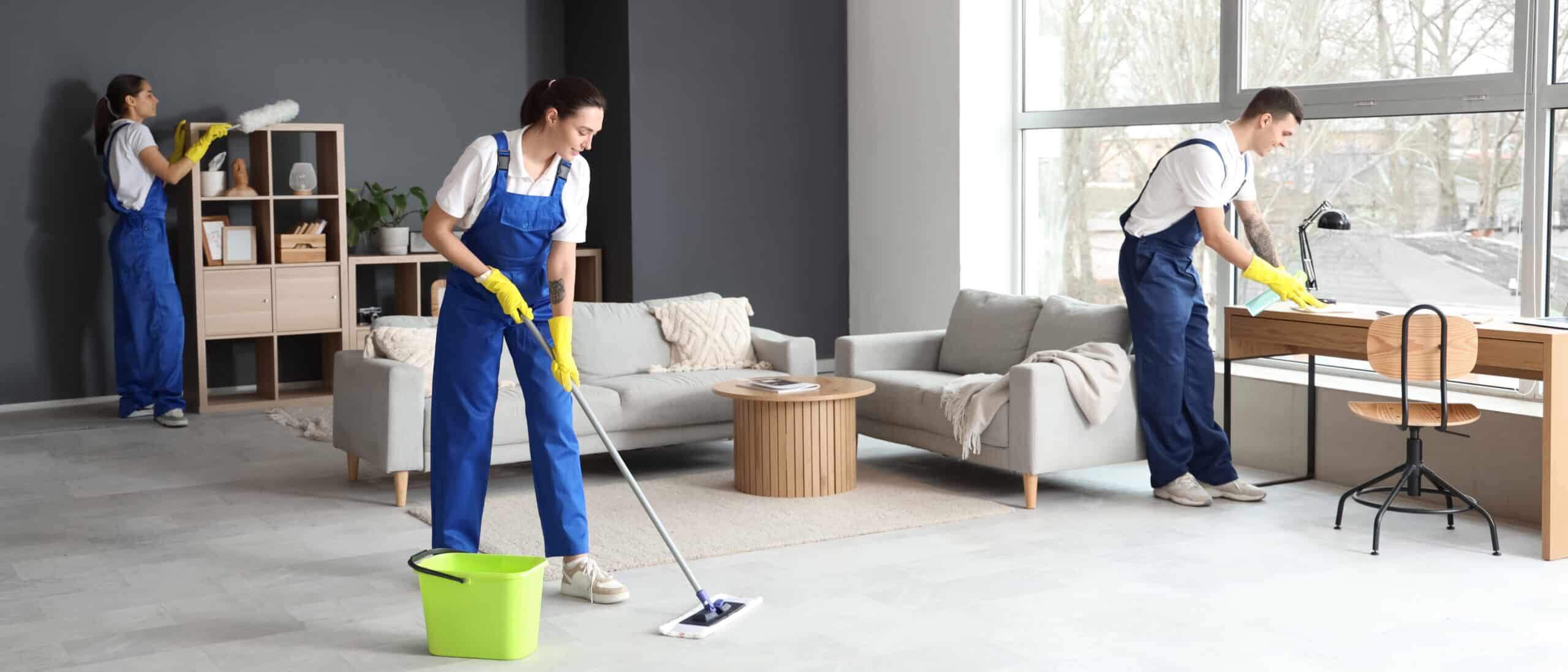 Junge Reinigungskräfte putzen im Zimmer - Reinigungsfirma Hamburg